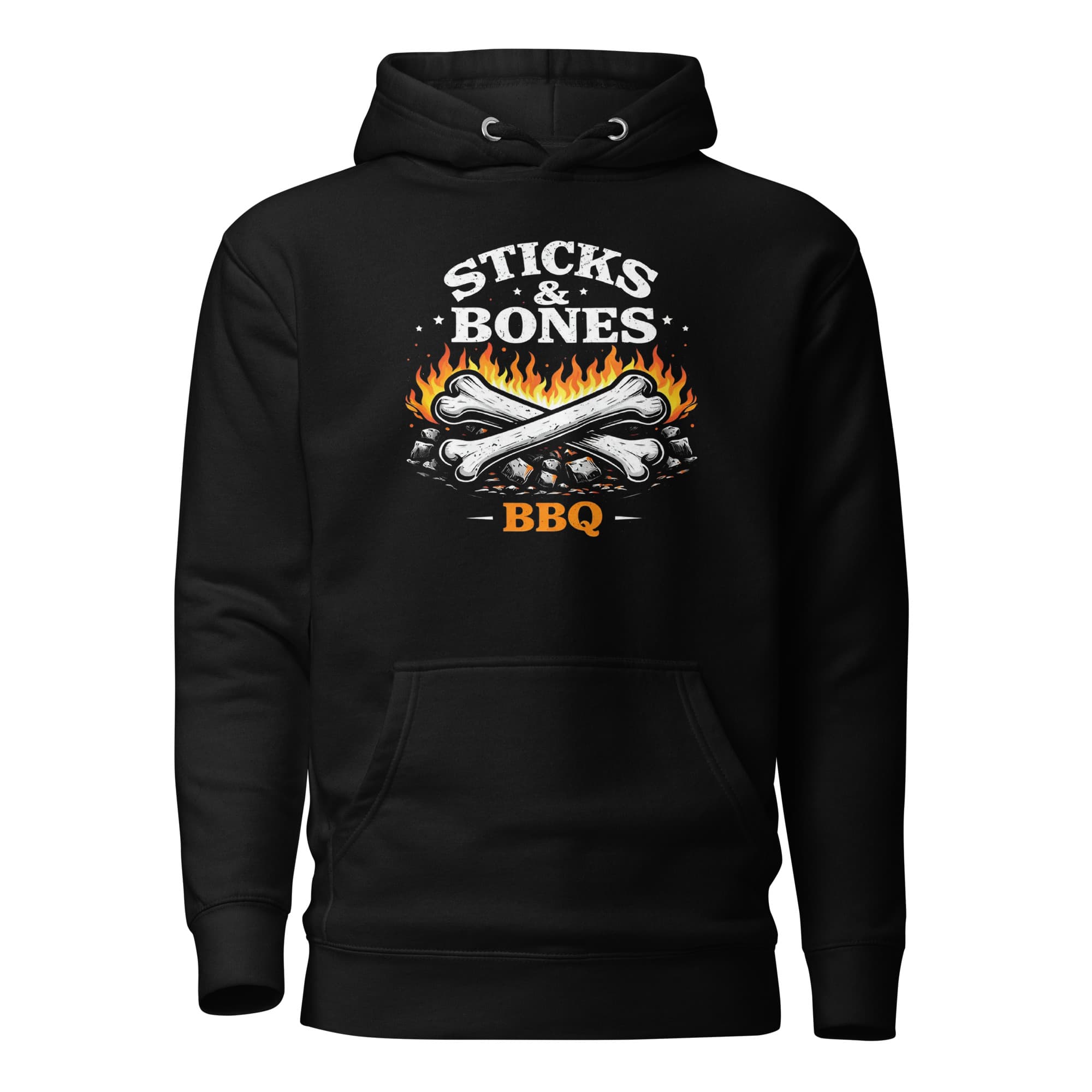 Printful production mockup of the black Sticks & Bones hoodie