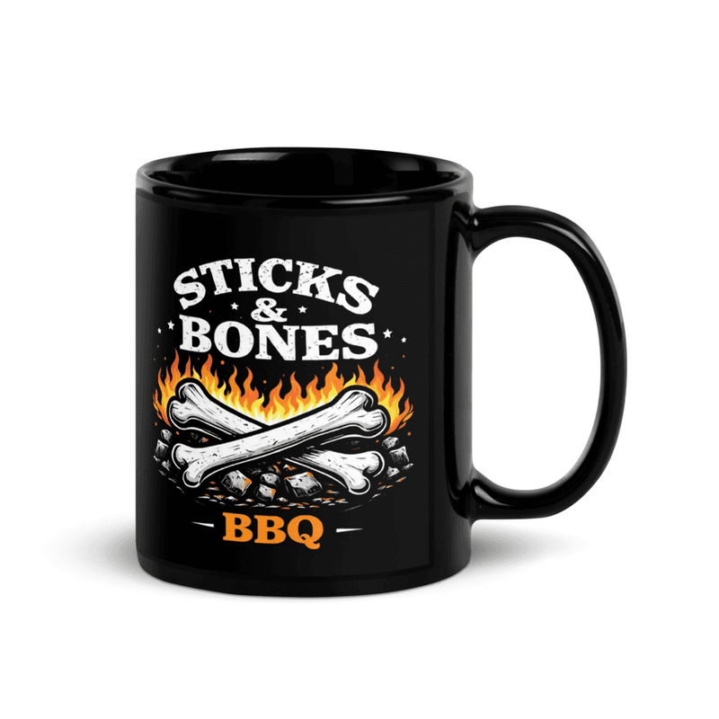 Official Printful mockup of the black Sticks & Bones coffee mug