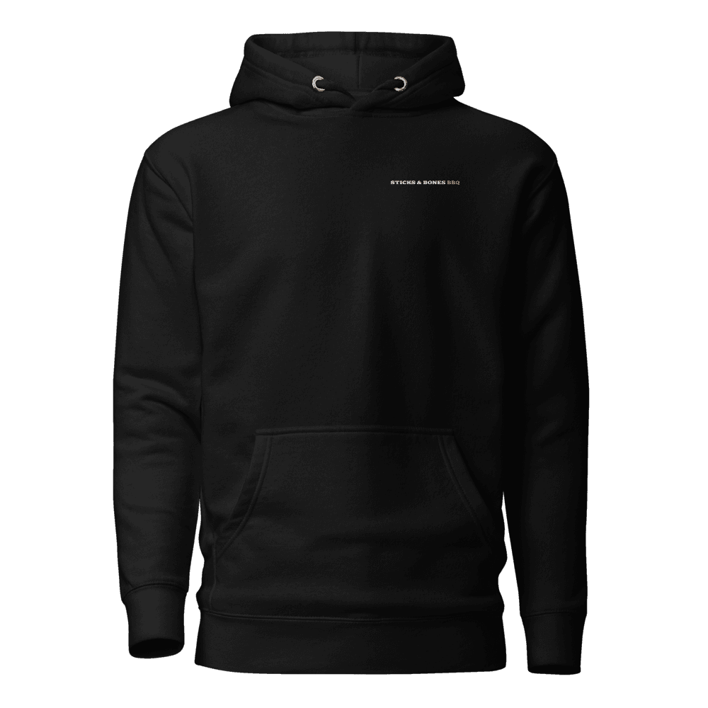 Front of the black Sticks & Bones hoodie